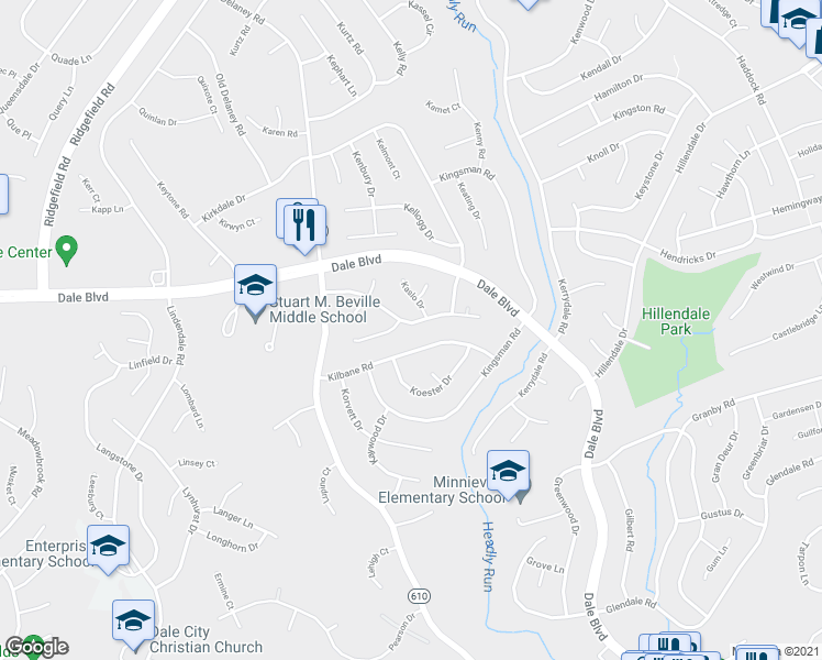 map of restaurants, bars, coffee shops, grocery stores, and more near 4823 Kempair Drive in Woodbridge