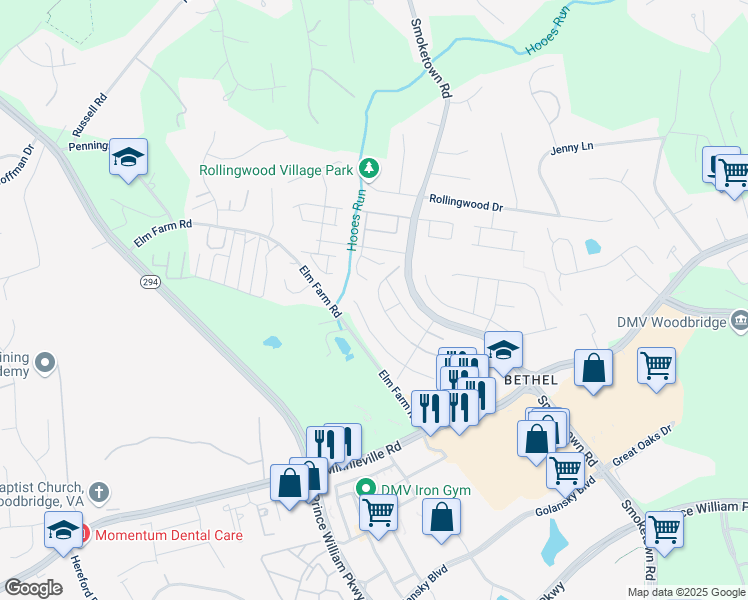map of restaurants, bars, coffee shops, grocery stores, and more near 3519 Belfry Lane in Woodbridge