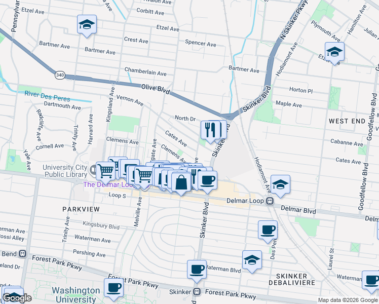 map of restaurants, bars, coffee shops, grocery stores, and more near 6270 Cates Avenue in St. Louis