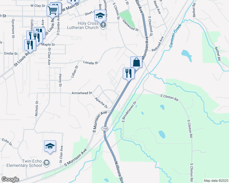 map of restaurants, bars, coffee shops, grocery stores, and more near 1116 Cherokee Street in Collinsville