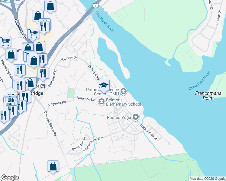 map of restaurants, bars, coffee shops, grocery stores, and more near 810 Belmont Bay Drive in Woodbridge