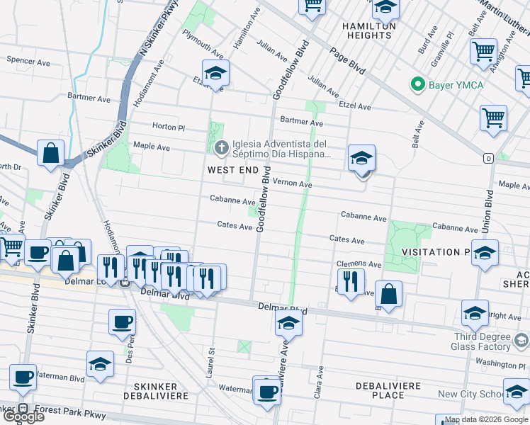 map of restaurants, bars, coffee shops, grocery stores, and more near 5740 Cabanne Avenue in St. Louis