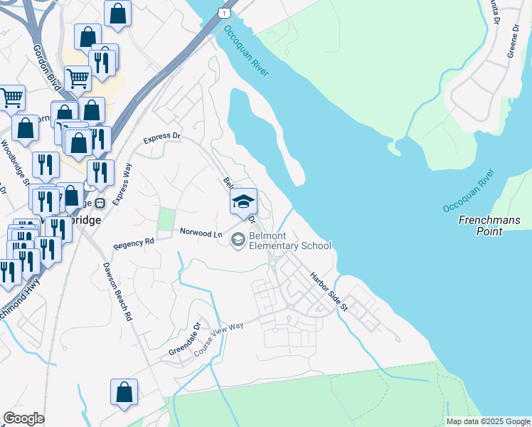 map of restaurants, bars, coffee shops, grocery stores, and more near 810 Belmont Bay Drive in Woodbridge