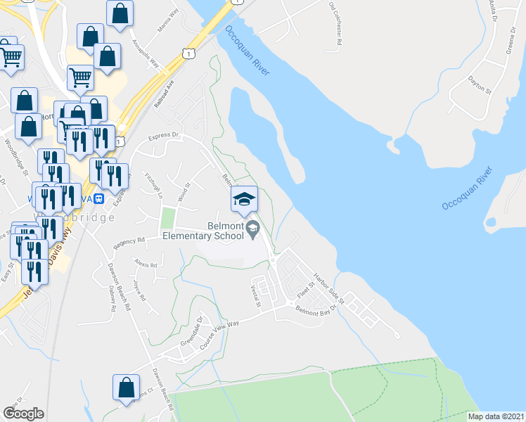 map of restaurants, bars, coffee shops, grocery stores, and more near 810 Belmont Bay Drive in Woodbridge
