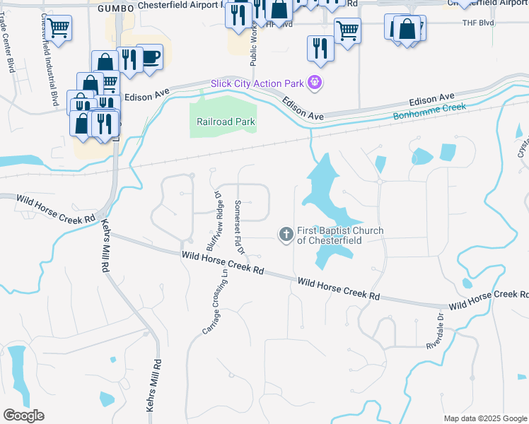 map of restaurants, bars, coffee shops, grocery stores, and more near 1244 Hillcrest Field Drive in Chesterfield