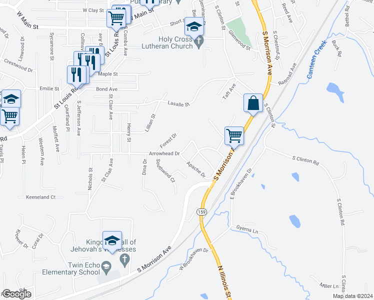 map of restaurants, bars, coffee shops, grocery stores, and more near 716 Arrowhead Drive in Collinsville