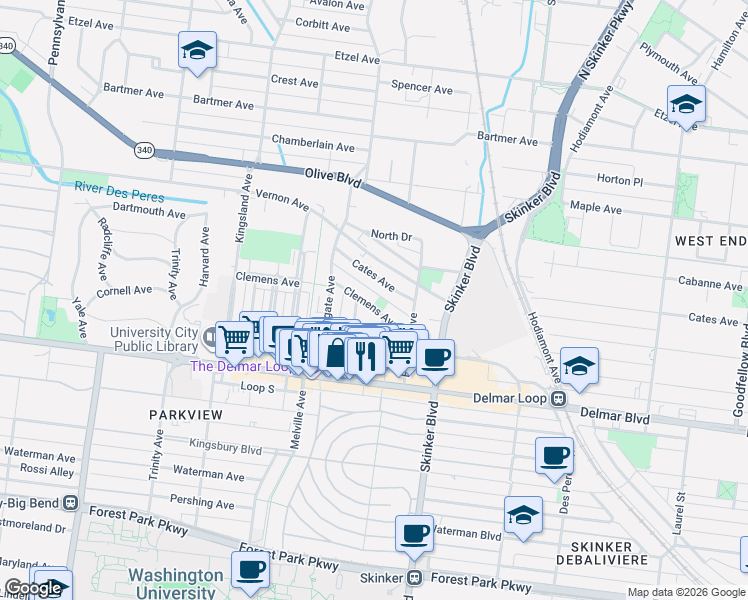 map of restaurants, bars, coffee shops, grocery stores, and more near 6311 Clemens Avenue in St. Louis