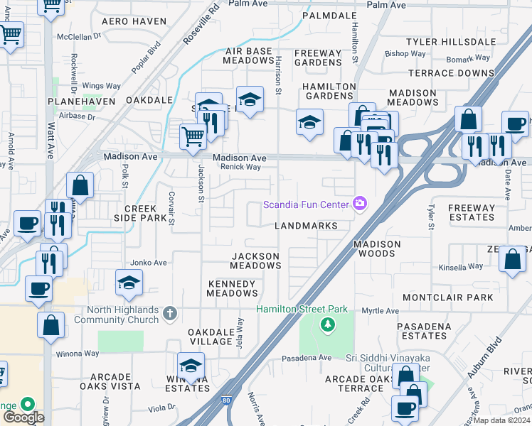 map of restaurants, bars, coffee shops, grocery stores, and more near 5017 Harrison Street in North Highlands