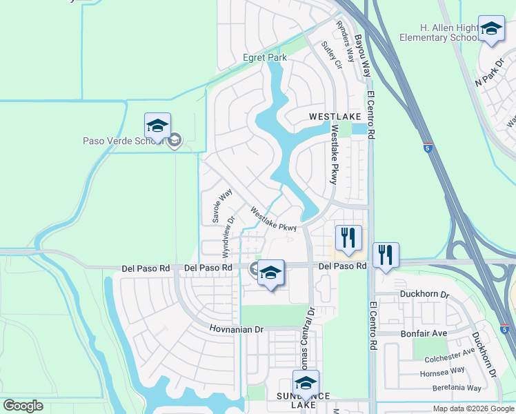 map of restaurants, bars, coffee shops, grocery stores, and more near 110 Hawkcrest Circle in Sacramento