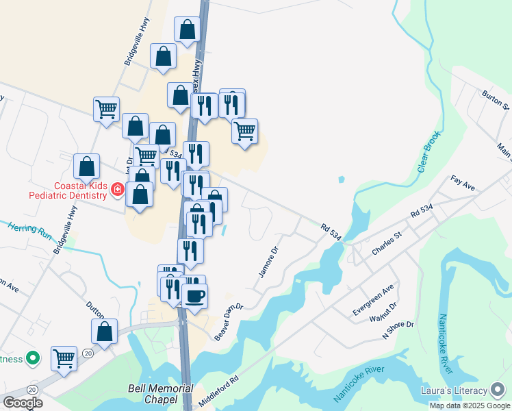 map of restaurants, bars, coffee shops, grocery stores, and more near 23058 Meadow Wood Court in Seaford