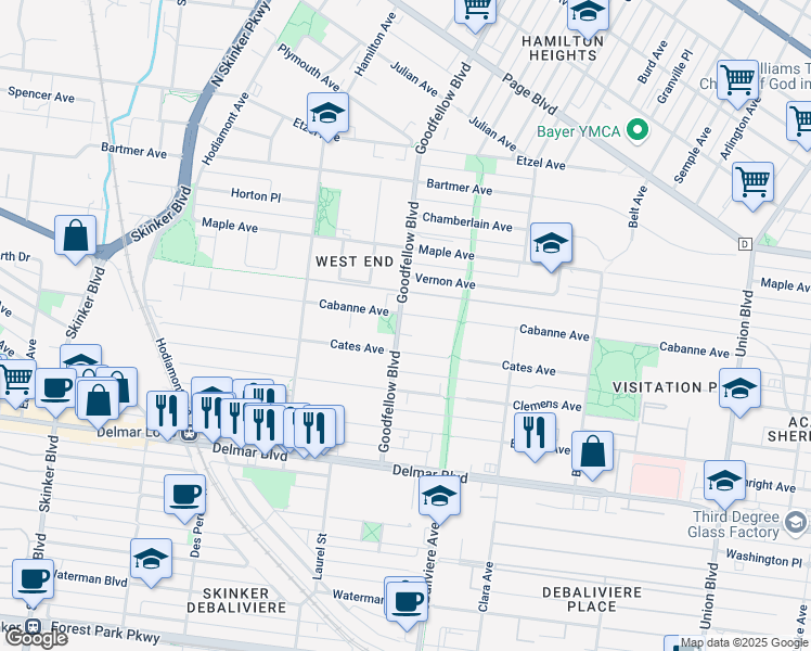 map of restaurants, bars, coffee shops, grocery stores, and more near 5801 Cates Avenue in St. Louis