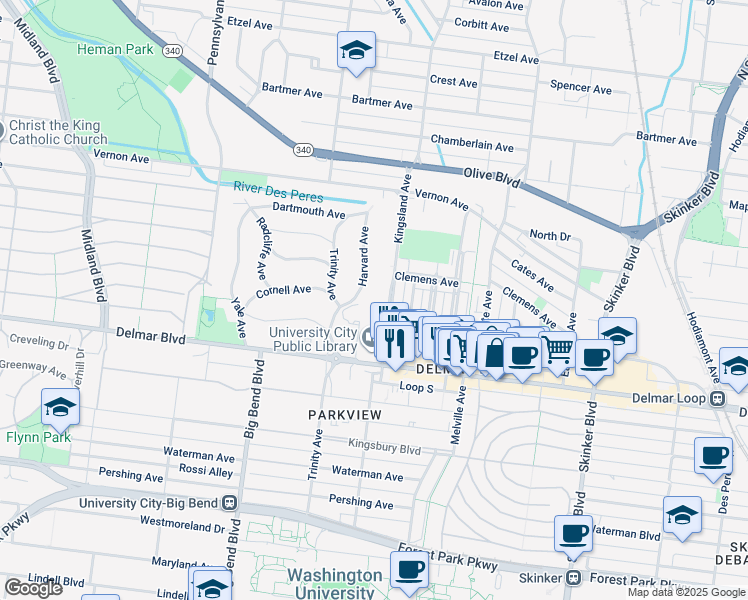 map of restaurants, bars, coffee shops, grocery stores, and more near 723 Kingsland Avenue in University City