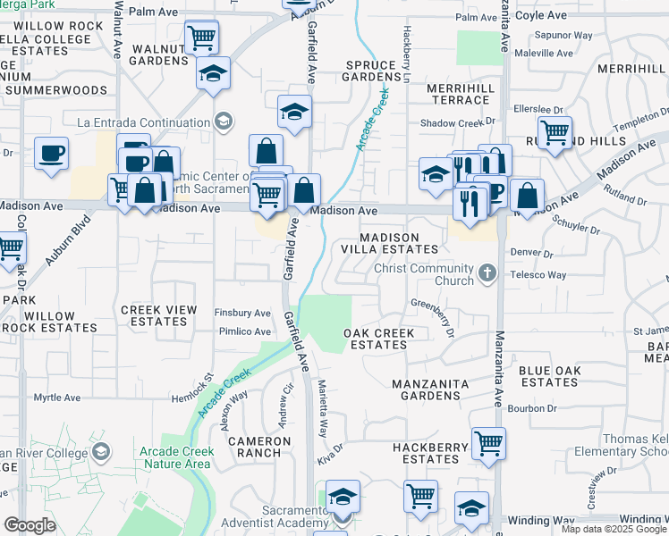 map of restaurants, bars, coffee shops, grocery stores, and more near 5130 Connecticut Drive in Sacramento