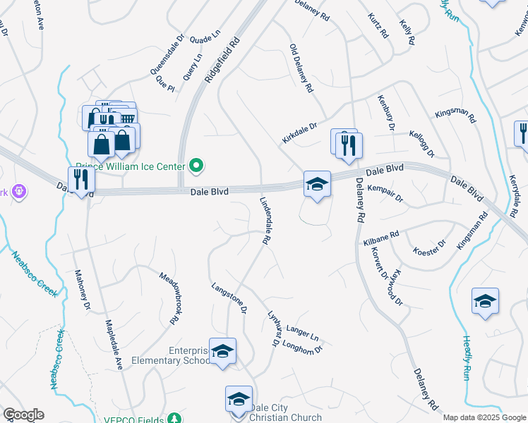 map of restaurants, bars, coffee shops, grocery stores, and more near 13608 Lindendale Road in Woodbridge
