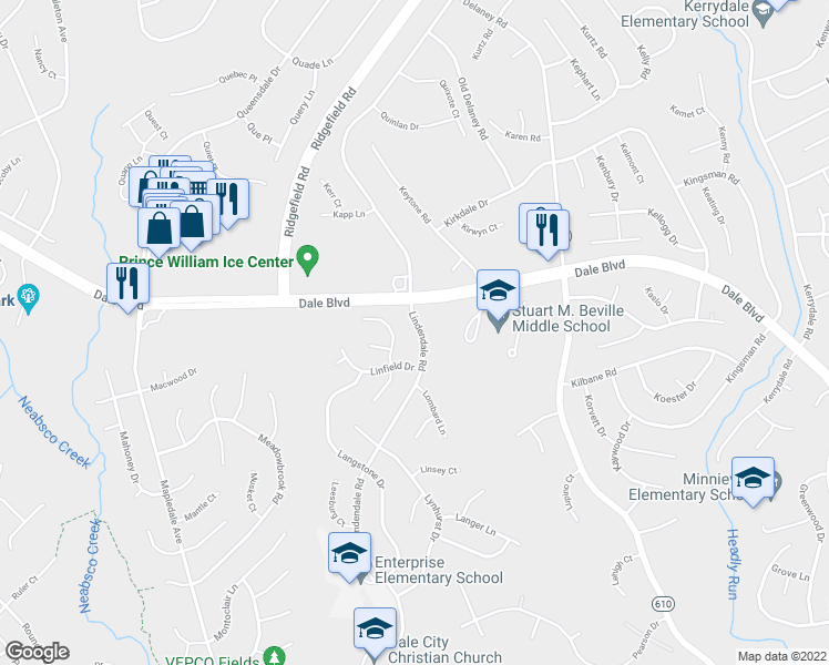 map of restaurants, bars, coffee shops, grocery stores, and more near 13608 Lindendale Road in Woodbridge