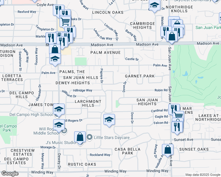 map of restaurants, bars, coffee shops, grocery stores, and more near 5044 Waterbury Way in Fair Oaks
