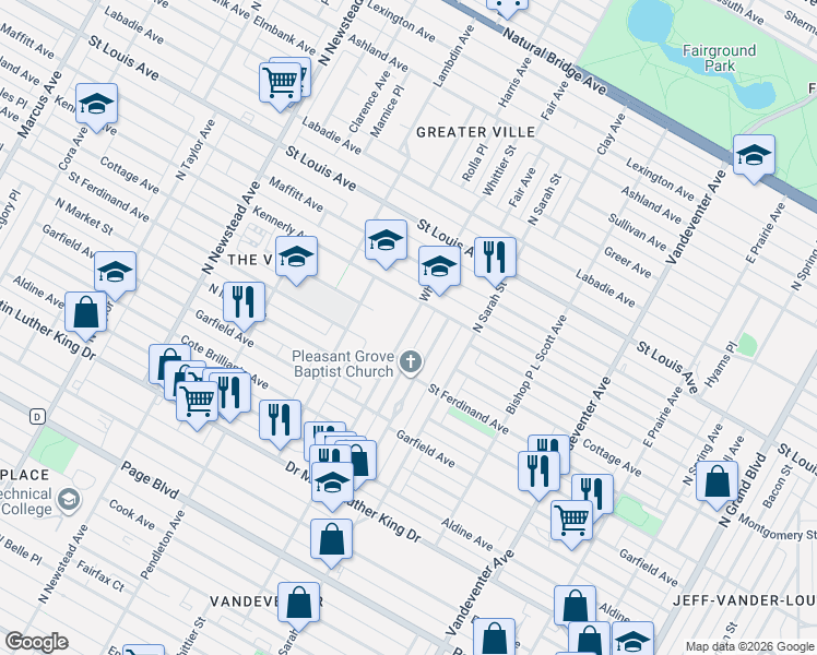 map of restaurants, bars, coffee shops, grocery stores, and more near 2510A Whittier Street in St. Louis