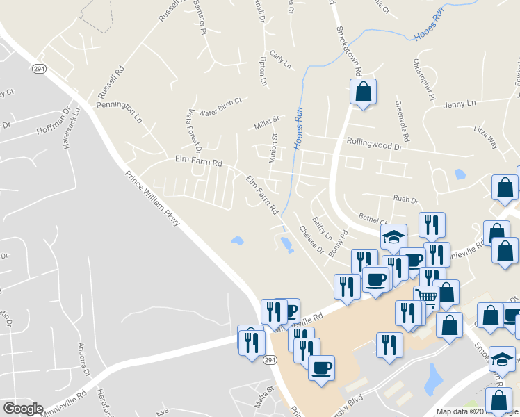 map of restaurants, bars, coffee shops, grocery stores, and more near 3505 Lacebark Elm Court in Woodbridge