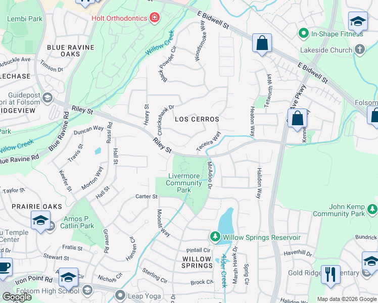 map of restaurants, bars, coffee shops, grocery stores, and more near 104 Hesser Court in Folsom