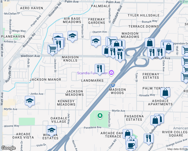 map of restaurants, bars, coffee shops, grocery stores, and more near 5060 Valley Forge Lane in North Highlands