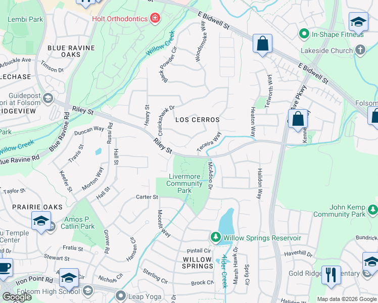 map of restaurants, bars, coffee shops, grocery stores, and more near 104 Hesser Court in Folsom