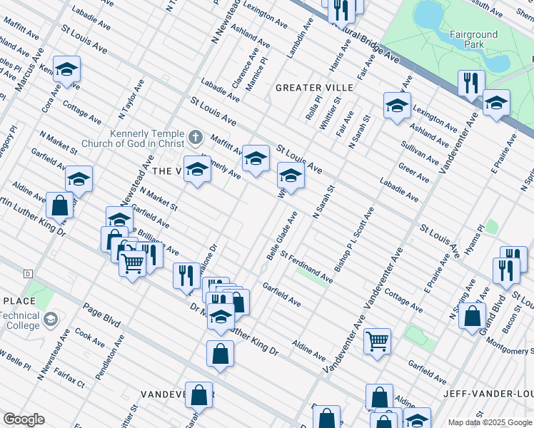 map of restaurants, bars, coffee shops, grocery stores, and more near 2510A Whittier Street in St. Louis