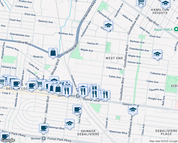 map of restaurants, bars, coffee shops, grocery stores, and more near 5968 Cates Avenue in St. Louis
