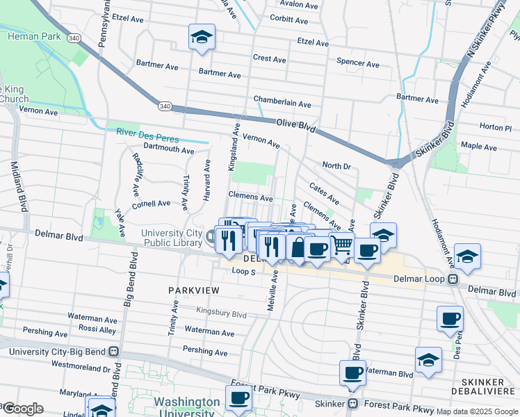 map of restaurants, bars, coffee shops, grocery stores, and more near 735 Leland Avenue in University City