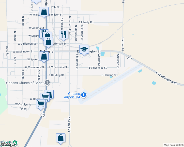 map of restaurants, bars, coffee shops, grocery stores, and more near 514 East Harding Street in Orleans
