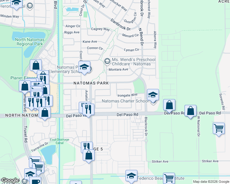 map of restaurants, bars, coffee shops, grocery stores, and more near 1800 Clayton Way in Sacramento