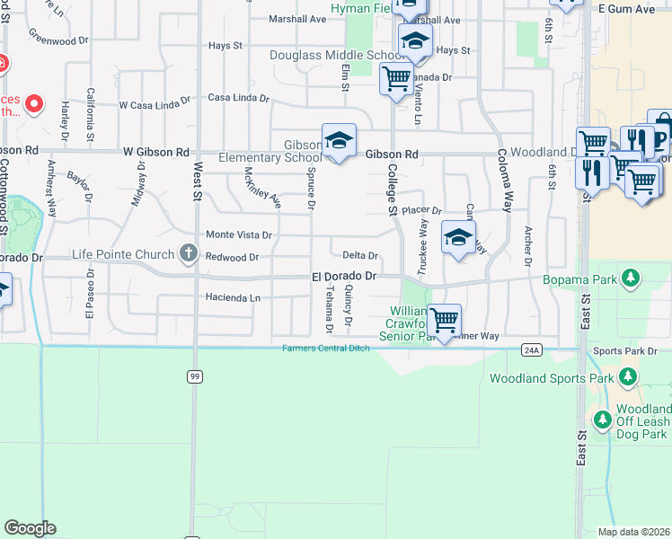 map of restaurants, bars, coffee shops, grocery stores, and more near 1709 Tehama Drive in Woodland