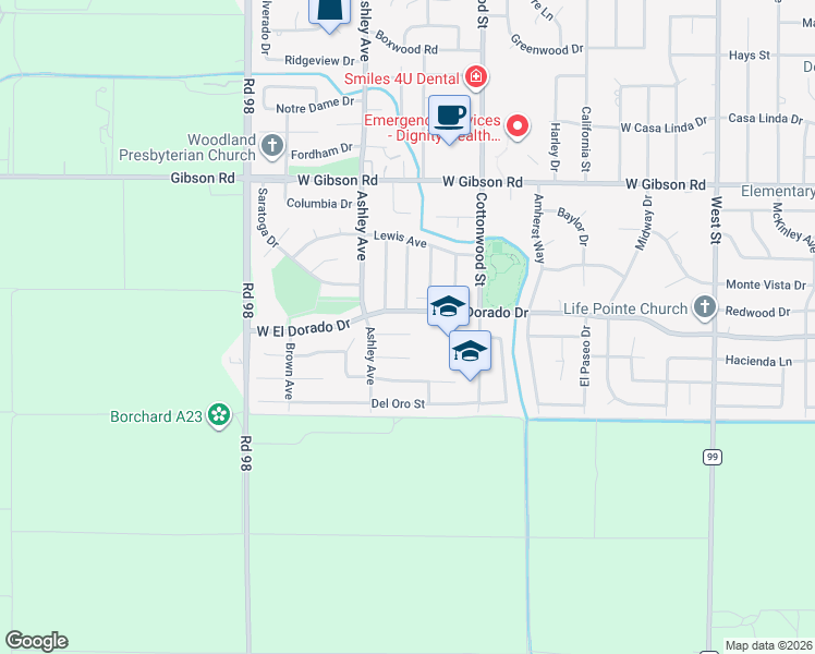 map of restaurants, bars, coffee shops, grocery stores, and more near 732 Dartmouth Place in Woodland