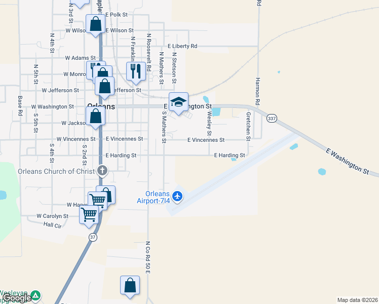 map of restaurants, bars, coffee shops, grocery stores, and more near 514 East Harding Street in Orleans