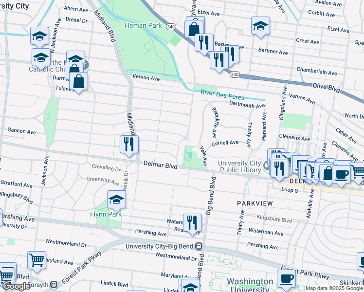 map of restaurants, bars, coffee shops, grocery stores, and more near 7059 Delmar Boulevard in University City
