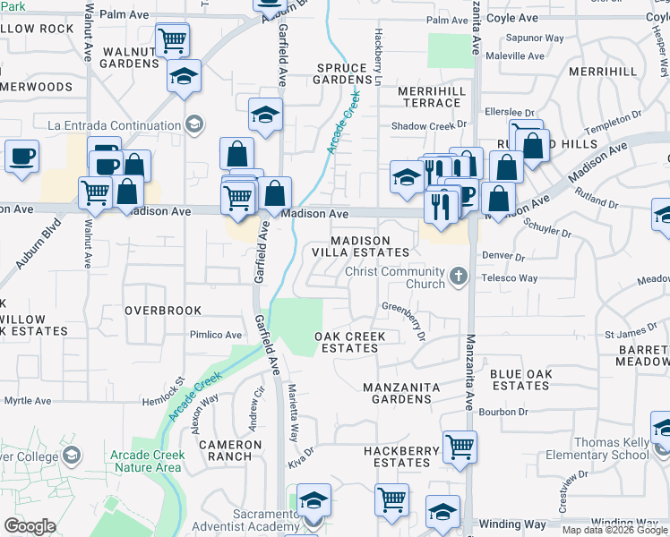 map of restaurants, bars, coffee shops, grocery stores, and more near 5061 Rhode Island Drive in Sacramento