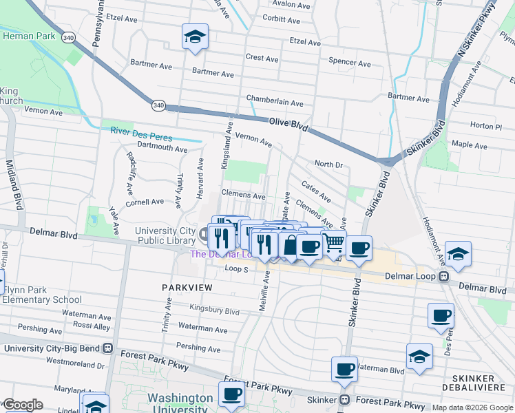 map of restaurants, bars, coffee shops, grocery stores, and more near 751 Interdrive in St. Louis