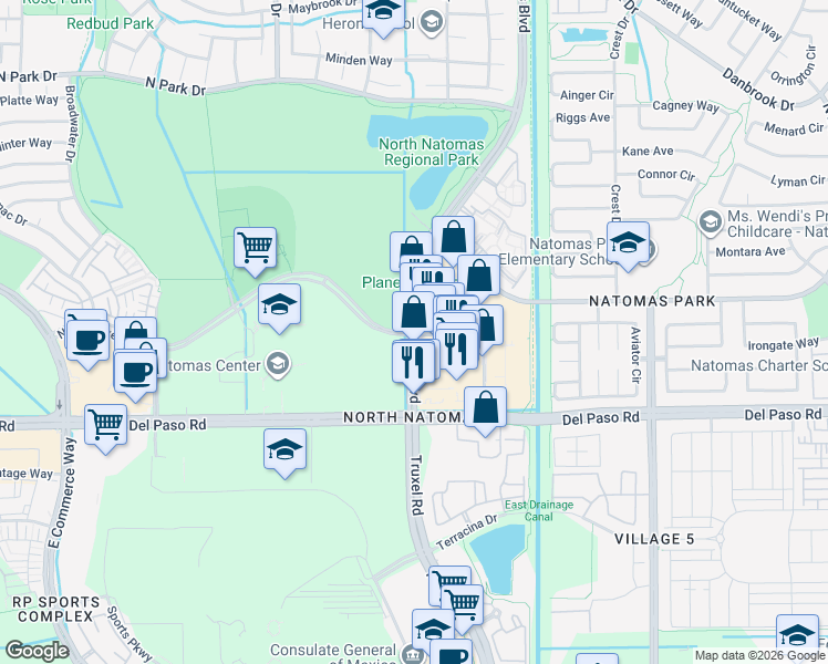 map of restaurants, bars, coffee shops, grocery stores, and more near 4704 Natomas Boulevard in Sacramento
