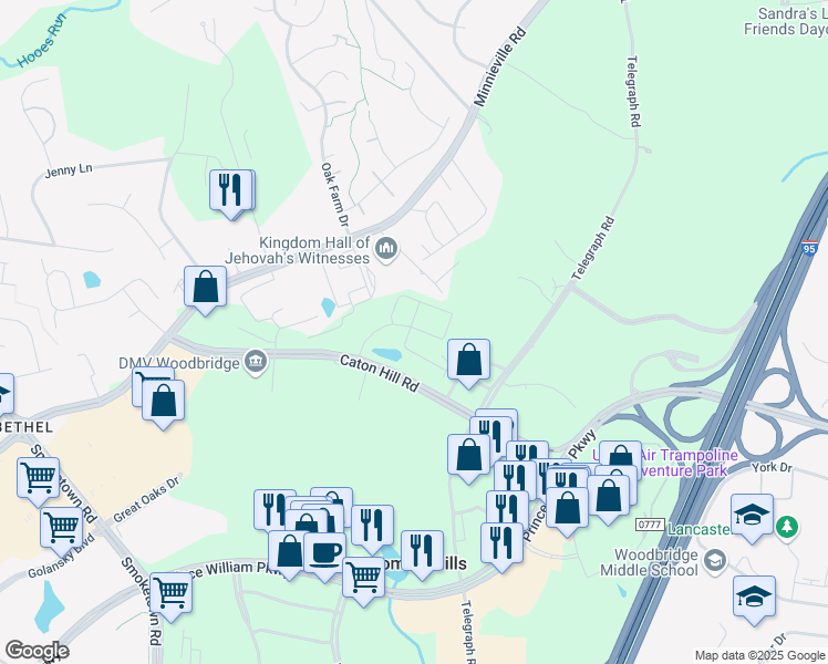 map of restaurants, bars, coffee shops, grocery stores, and more near 2580 Caton Hill Road in Woodbridge