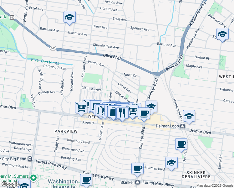 map of restaurants, bars, coffee shops, grocery stores, and more near 751 Interdrive in St. Louis