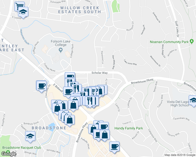 map of restaurants, bars, coffee shops, grocery stores, and more near 545 Kilsyth Court in Folsom