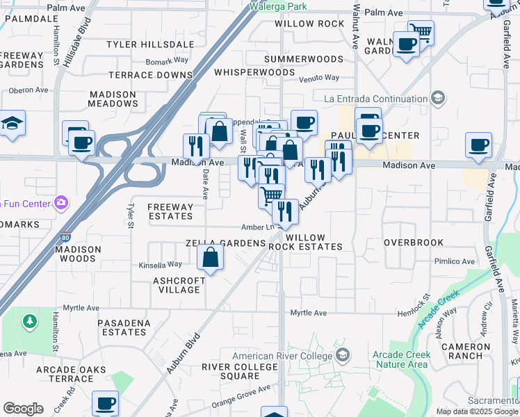 map of restaurants, bars, coffee shops, grocery stores, and more near 4837 Amber Lane in Sacramento