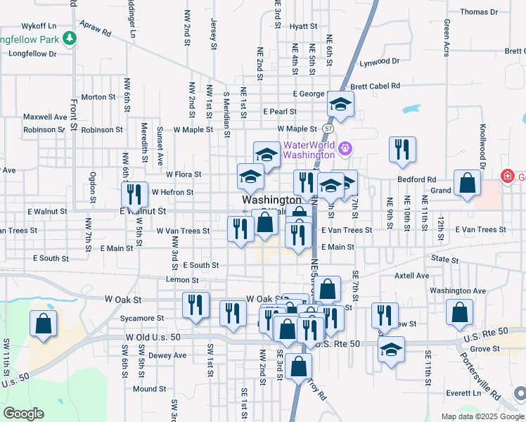 map of restaurants, bars, coffee shops, grocery stores, and more near 200 East Walnut Street in Washington