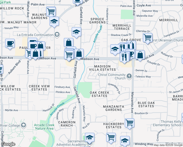 map of restaurants, bars, coffee shops, grocery stores, and more near 5130 Connecticut Drive in Sacramento