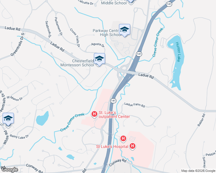 map of restaurants, bars, coffee shops, grocery stores, and more near 63 south woods mill road in Chesterfield
