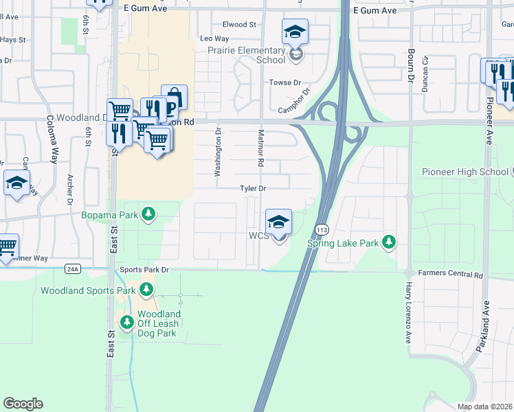 map of restaurants, bars, coffee shops, grocery stores, and more near 1703 Jones Street in Woodland