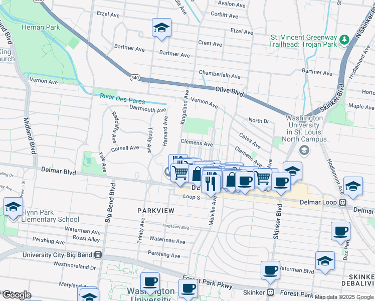map of restaurants, bars, coffee shops, grocery stores, and more near 734 Syracuse Avenue in University City