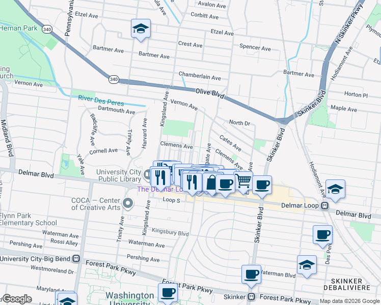 map of restaurants, bars, coffee shops, grocery stores, and more near 759 Leland Avenue in St. Louis