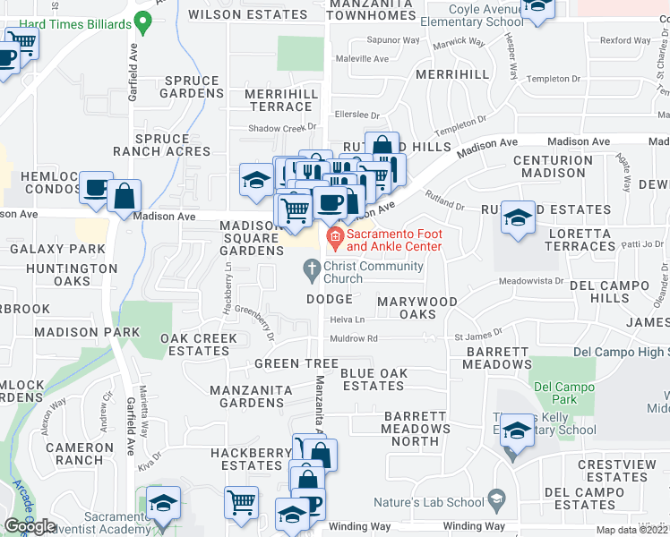 map of restaurants, bars, coffee shops, grocery stores, and more near 5030 Manzanita Avenue in Carmichael