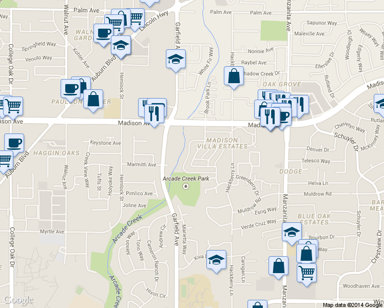 map of restaurants, bars, coffee shops, grocery stores, and more near 5130 Connecticut Drive in Sacramento