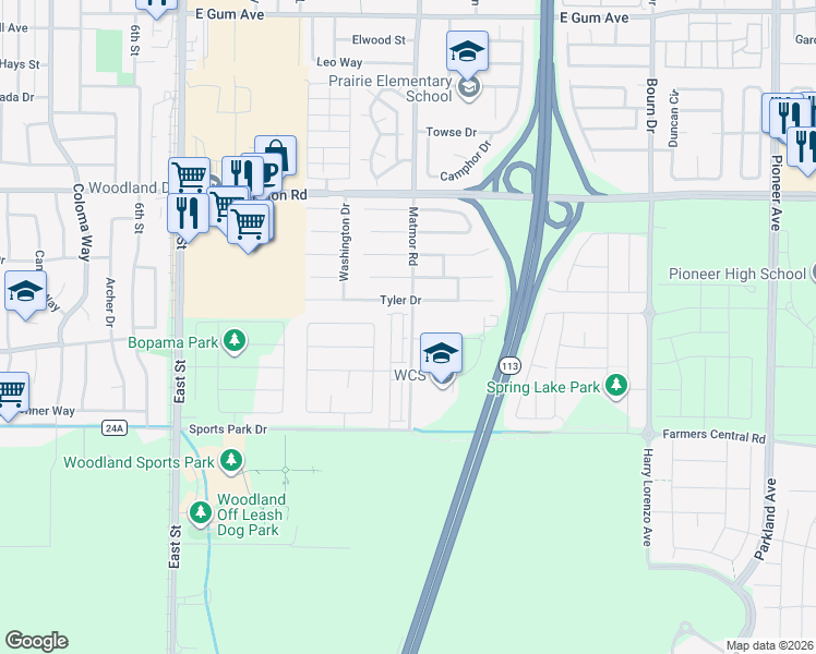 map of restaurants, bars, coffee shops, grocery stores, and more near 1703 Jones Street in Woodland